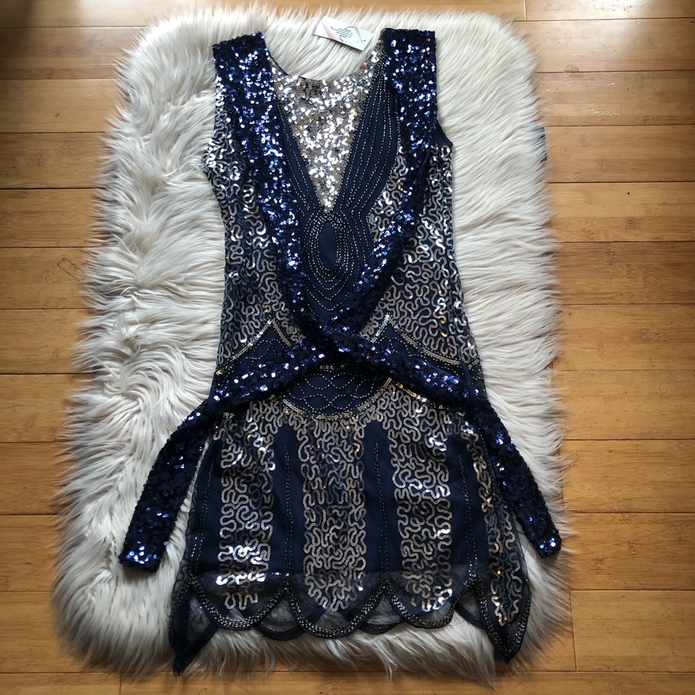 SOLD Sequins Flapper Dance Sport Glamorous Party Navy Silver Evening Dress S - Picture 1 of 16